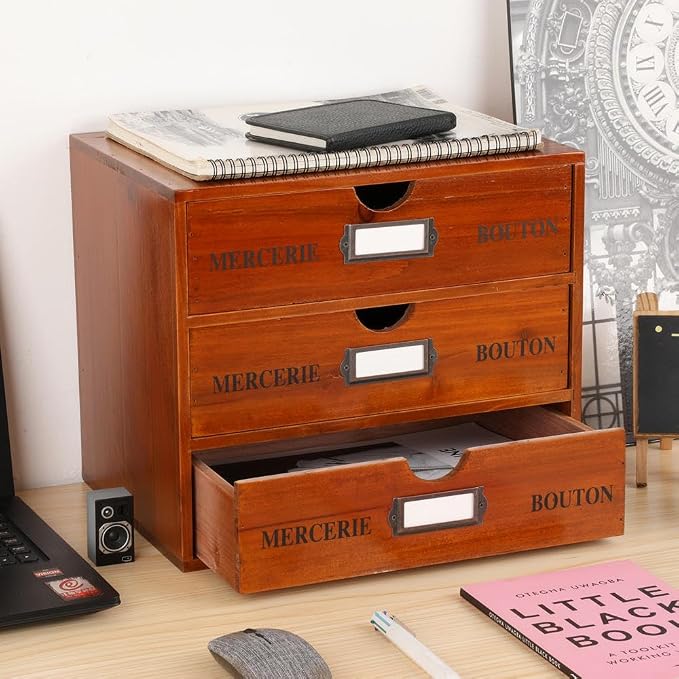 Large Wooden Drawers Wooden Box with Drawer Brown | 3 Drawer Storage Box for Apothecary Cabinet, Apothecary Drawers，Desktop Organizer with Metal Handles for Office，Home
