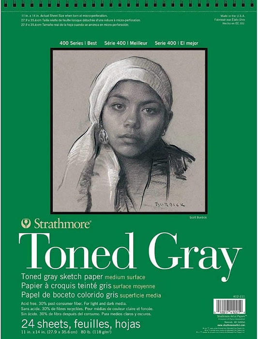 Strathmore 400 Series Wire Bound Toned Sketch Pad, 80 lb. Paper, 11 X 14 inches, Gray, 50 Sheets (412-111)