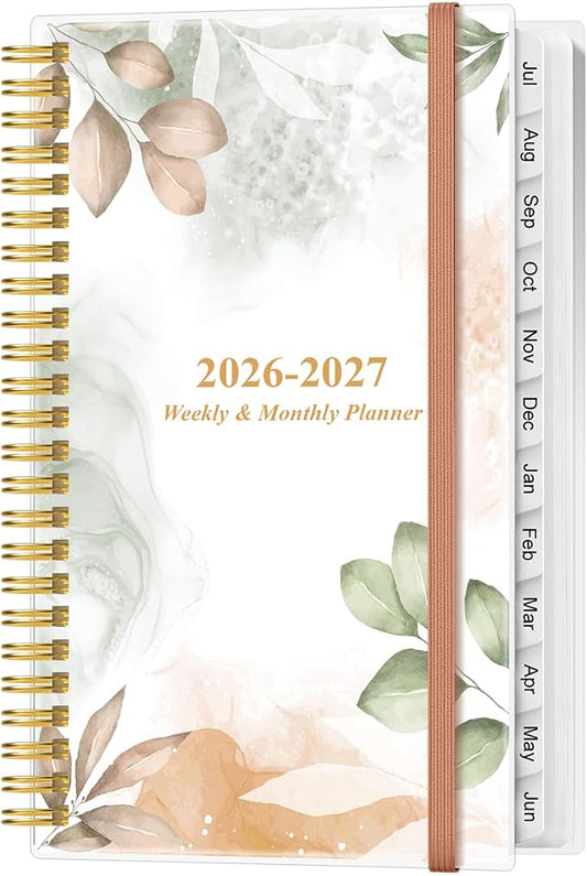 2026-2027 Pocket Planner/Calendar - 2026-2027 Planner from July 2026 - June 2027, Planner 26-27 with 12 Tabs, Twin-Wire Binding, Inner Pocket, 3.75" x 6.75, Rose Leaf