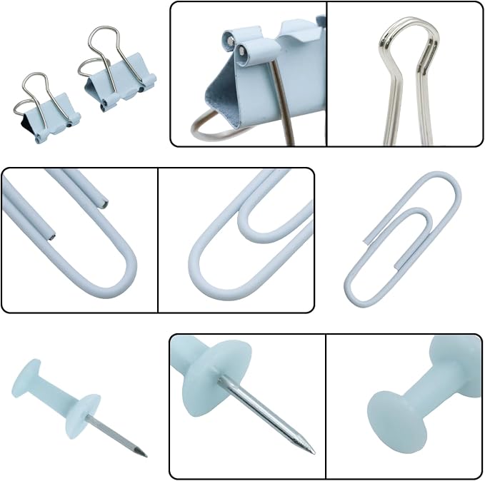 Office Supplies Set, Paper Clips, Push Pins and Binder Clips Set with Box for Office, School and Home(Light Blue)