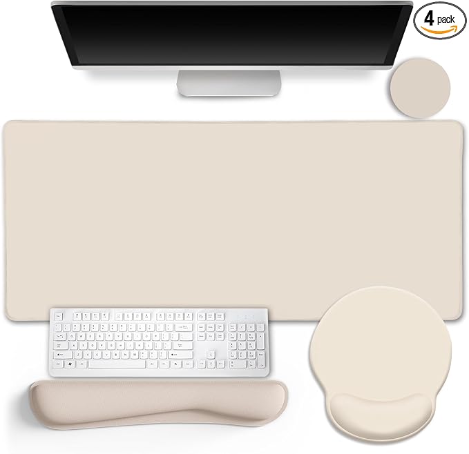 LIMKRIAN Oatmeal Beige Desk Mat Set, Large Mouse Pad & Keyboard Wrist Rest | XXL Desk Pad, Ergonomic Wrist Rest Mouse Pad, Memory Foam Keyboard Support, Coaster, Home Office Game Desk Accessories Gift