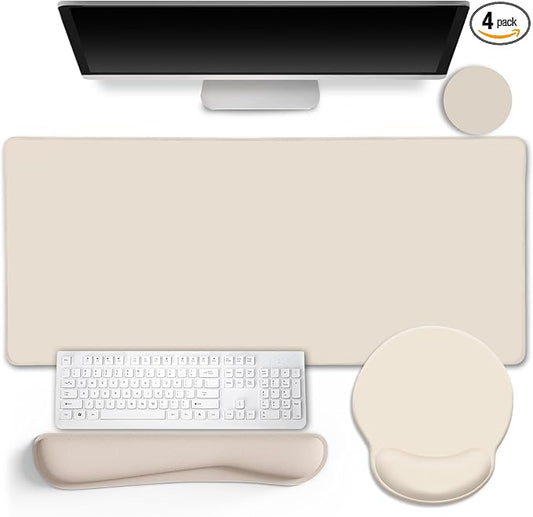 LIMKRIAN Oatmeal Beige Desk Mat Set, Large Mouse Pad & Keyboard Wrist Rest | XXL Desk Pad, Ergonomic Wrist Rest Mouse Pad, Memory Foam Keyboard Support, Coaster, Home Office Game Desk Accessories Gift