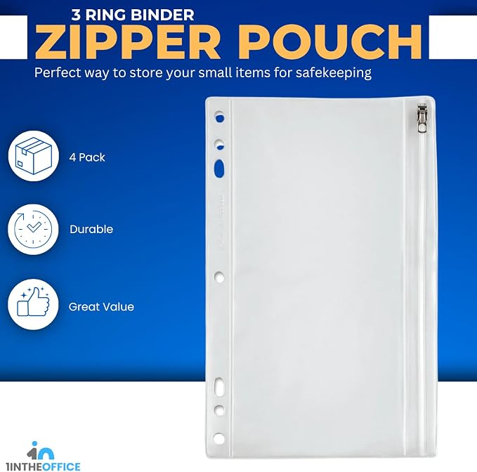 1InTheOffice Clear Pencil Pouch For 3 Ring Binder, Ring Binder Pockets with Zipper, Vinyl, 4 Pack