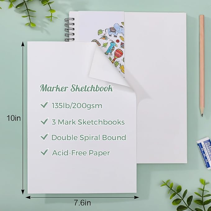 2 Pack Marker Paper Pad, 7.6×10in Double Sided Bleedproof Sketch Pad, 135lb/200gsm Art Spiral Sketchbook, Smooth Painting Coloring Alcohol Marker Paper for DIY, Ideal Gifts