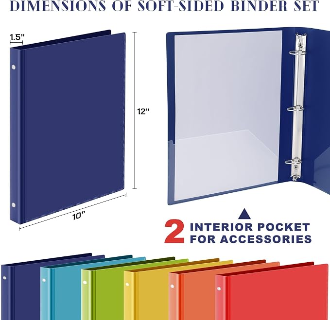 Fulmoon 6 Pack Plastic 3 Ring Binder Assorted Colors Economy Flexible Round Ring Presentation Binders with Pocket for Office School Meeting(1.5 Inch,Rainbow Colors)