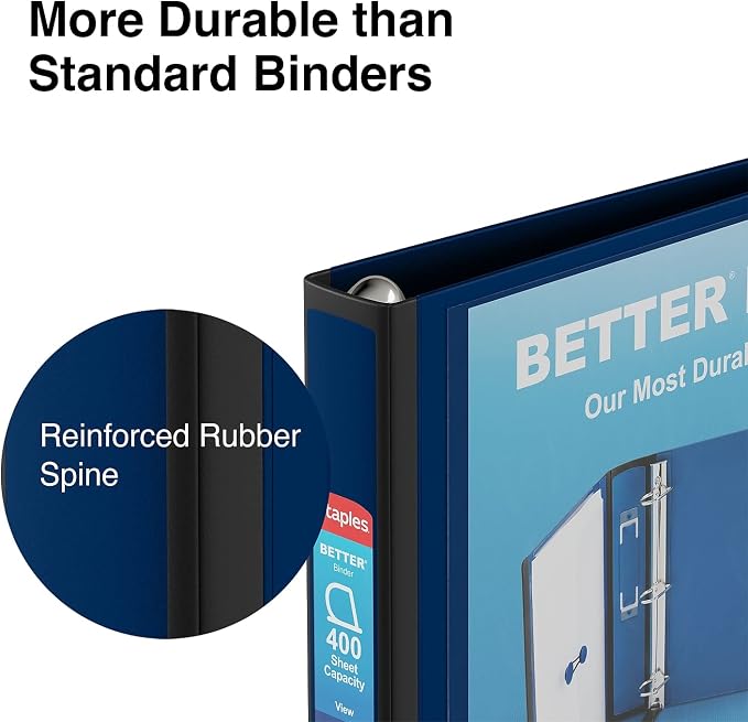 Staples Better Binder, 1.5" Heavy‑Duty D‑Ring 3‑Ring Binder, Navy Blue, Reinforced Spine, Holds 400 Sheets, Long‑Lasting School & Office Organizer, 3‑Pack
