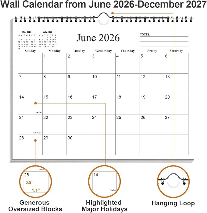 Small Wall Calendar 2026-2027 - Mini Calendar 2026-2027 from July 2026 - December 2027, 18 Months Little Calendar with Premium Paper, 6" x 8", Black