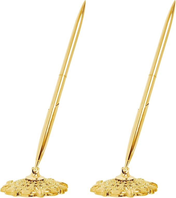 2 Pcs Gold Hollow Round Pen Holder Metal Pen Stand Holder Set Signing Pen Set Signing Desk Ballpoint Pens for Guest Book Wedding Birthday Party Graduation Teacher Office Business