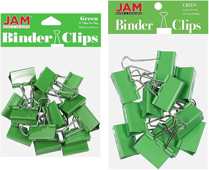 JAM PAPER Colorful Binder Clips Assortment - Medium & Large Size - Green Binderclips - 27 Clips/Pack