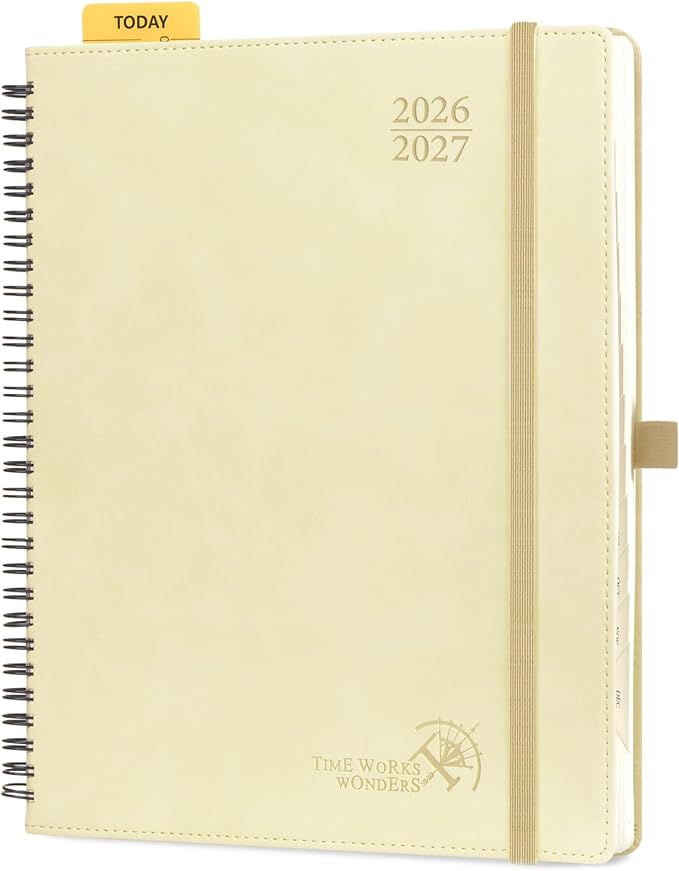 POPRUN Weekly Planner 2026-2027 (July 26-June 27), Large-8.5" x 10.5", Academic Agenda 2026-2027 Calendar Notebook Planner for School, College, Spiral Leather Softcover, 100GSM - Beige