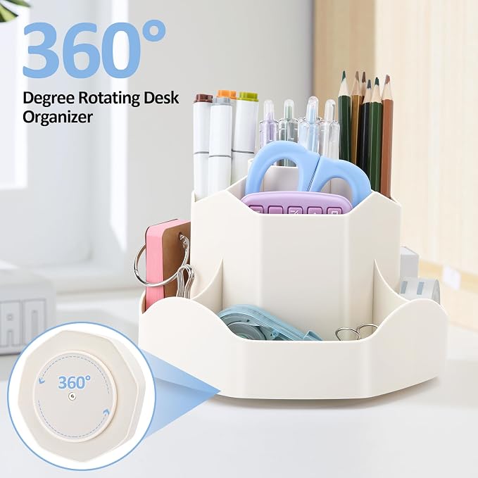 Zevemomo Pen Holder for Desk, 360 Degree Rotating Pencil Desk Organizer, Pen Organizer with 9 Slots, Large Capacity Pen Holder, Desktop Storage Stationery Supplies Organizer, Beige