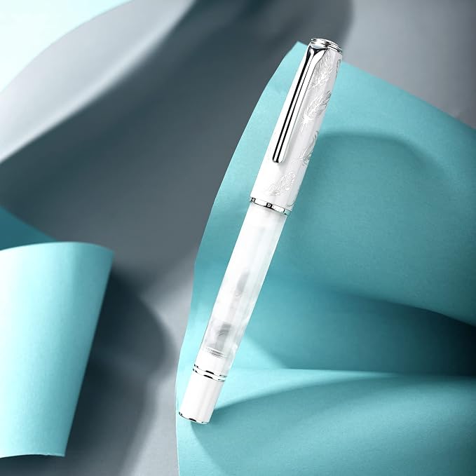 HONG DIAN N8 White Acrylic Resin Fountain Pen, Iridium Medium Nib Silver Plated Feather Carving Cap Smooth Writing Pen with Converter and Metal Pen Box Set