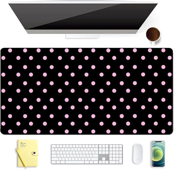 Pink Polka Dot Leather Desk Mat Extended Gaming Mouse Pad | Non-slip Large Writing Pad Laptop Blotter Computer Keyboard Mat | Cute Black Desk Protector for Home Office 23.6" x 11.8"