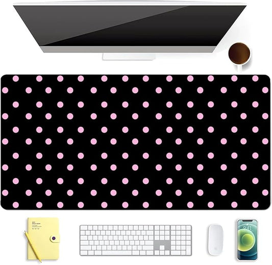 Pink Polka Dot Leather Desk Mat Extended Gaming Mouse Pad | Non-slip Large Writing Pad Laptop Blotter Computer Keyboard Mat | Cute Black Desk Protector for Home Office 23.6" x 11.8"