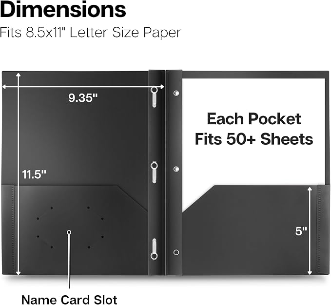 Dunwell Plastic Folders with 3 Prongs, (2 Pack, Black), 2-Pocket Folders with Fasteners, Durable Acid-Free Poly for Long Term Use, Includes Labels