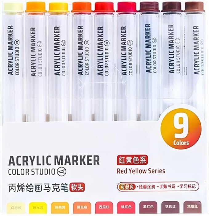 Red Yellow Acrylic Paint Pen Markers, 9 Colors Soft Brush Tip Paint Pens for Wood Glass Eggs Rock Painting Canvas Stone Fabric DIY Crafts Making Art Supplies