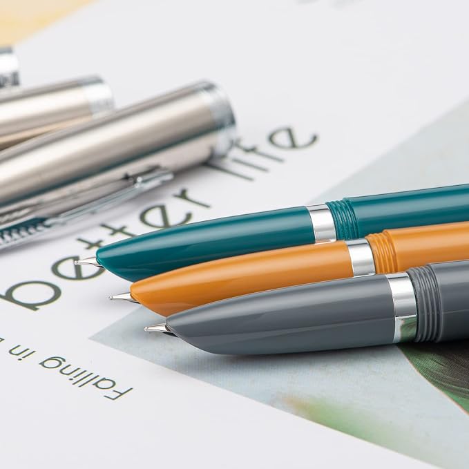 3 Jinhao 86 Fountain Pen Set (Malachite Blue, Khaki and Gray Resin) Extra Fine Nib with Refillable Ink Converter
