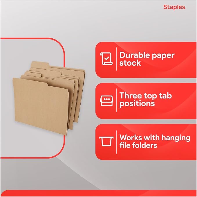 Staples Colored File Folders, Letter Size, 3‑Tab Top‑Tab Design, Kraft, Durable Paper Stock, 100/Pack