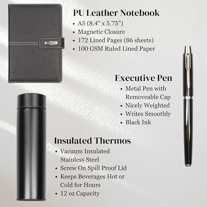 Shadow Breeze A5 Leather Notebook, Insulated Thermos and Executive Pen Gift Set in Premium Gift Box, 172 Pages 100GSM Ruled Pages, 12 oz, Great Gift for Business, School, Home (Black)