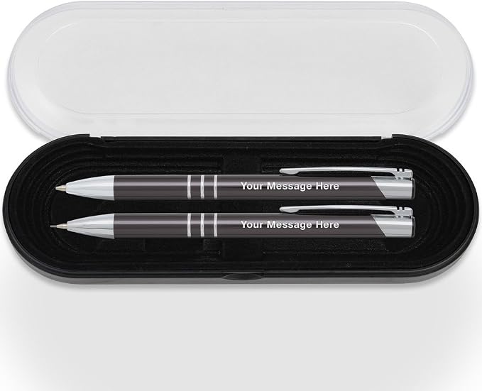 2 Personalized Engraved Classic Metal Ballpoint Pen & Mechanical Pencil Gift Set. Includes Case - Graphite Gray Color with Silver Accents. Black Ink.