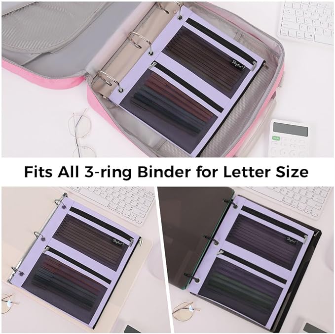 SKYDUE 3 Ring Pencil Pouch for Binder, Zipper Binder Pencil Pouch with 3 Pockets and Mesh Window, Durable Organizer for School Supplies, Cables, Earbuds, Makeup