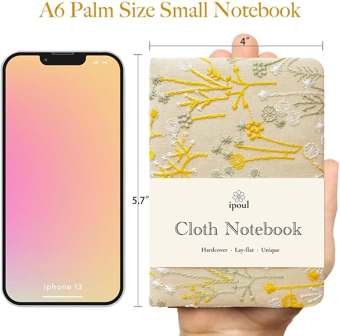 Embroidered Pocket Notebook for Women, A6 Mini Cloth Journal, Hardcover, 264 Pages, 4x6 Small Lined Notebook & Sketchbook, Beautiful Diary, Little Notepad, Apricot Yellow.