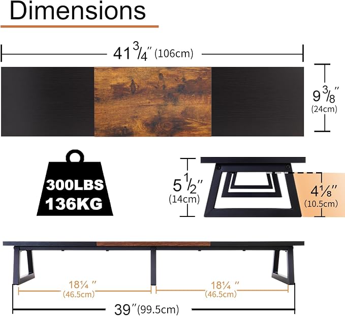 TEAMIX 42 inch Large Dual Monitor Riser, Desk Organizer Stand for TV Laptop | Extra Long Computer Stand Shelf, Wood & Steel TV Riser, Holds 300lbs, Keyboard & PS5 Storage Below, For Home Office & Gaming