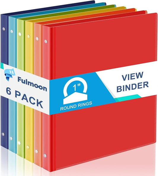 Fulmoon 6 Pack Plastic 3 Ring Binder Assorted Colors Economy Flexible Round Ring Presentation Binders with Pocket for Office School Meeting(1 Inch,Rainbow Colors)