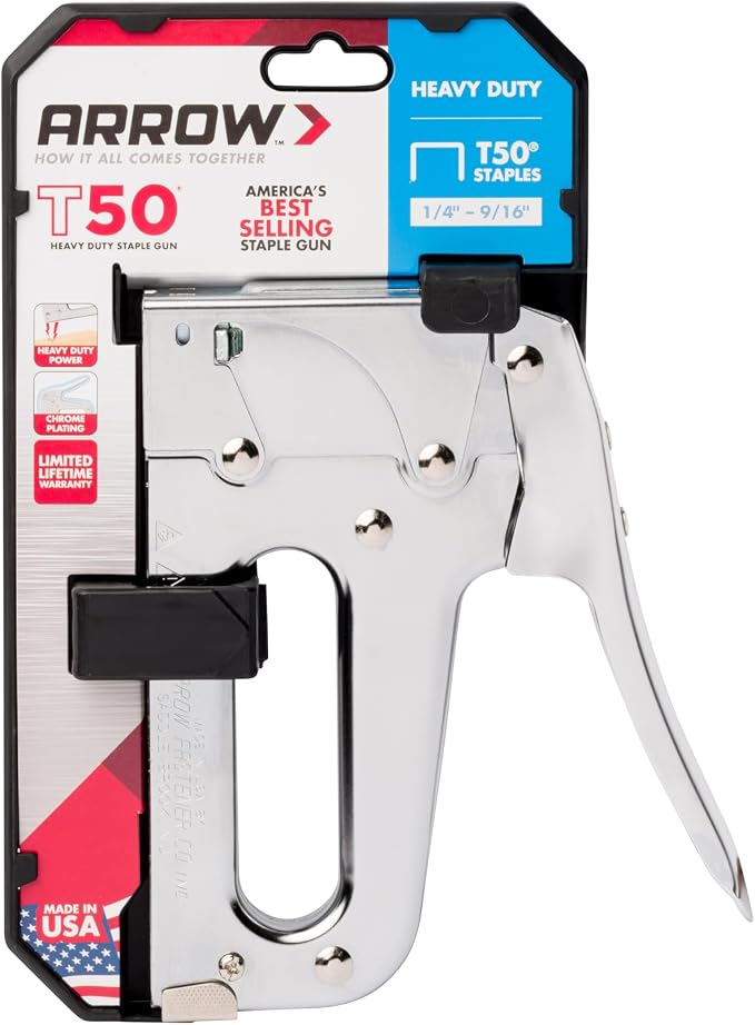 Arrow T50 Heavy-Duty Staple Gun, Manual Stapler | Chrome Steel, For Upholstery, Wood, Crafts, DIY and Professional Uses, Fits T50 1/4", 5/16", 3/8", 1/2" & 9/16" Staples