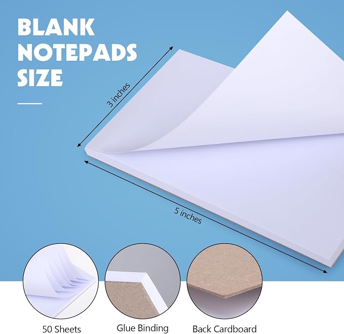 Thboxes 10 Pack 3" x 5" Blank Note Pads, 50 Sheets Each | 80gsm FSC Paper, Top Glue Binding, Cardboard Backing, Compact Memo Pads for Office, School, Home, Server Use
