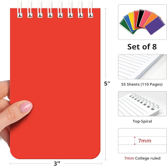 Taja Set of 8 Mini Pocket Notebook Top Spiral Nursing Notepads | Bright 3" x 5", Mini Little Spiral Notebook, Nursing Notepad, Perfect for Work, School, Office, Nurse, Travel