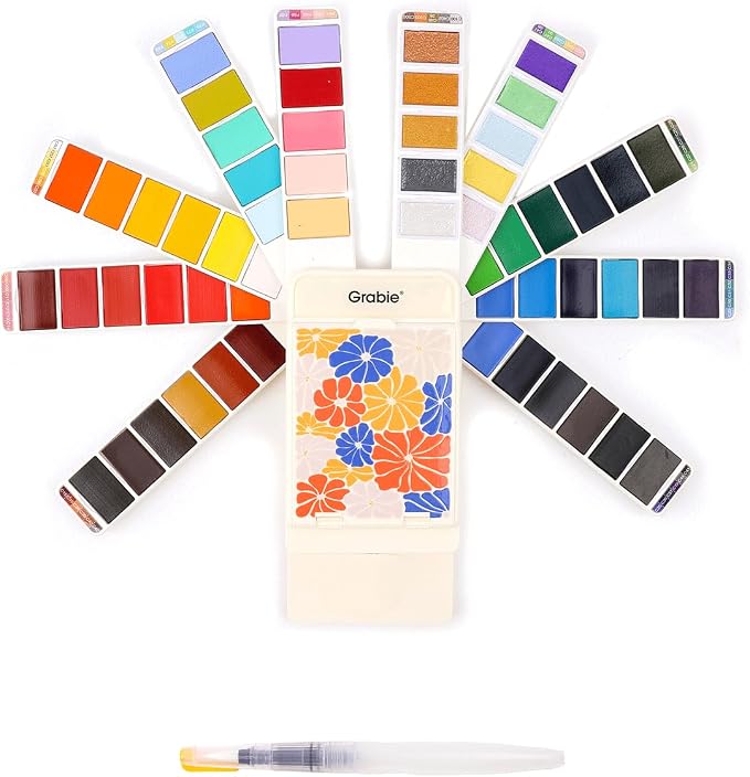Grabie Watercolor Paint Set, Pack of 56 Colors Handheld Watercolor Set of Water Brush Pen, Palette and Removable Sponge, Portable Watercolor Paint for Artist Beginner and Professional