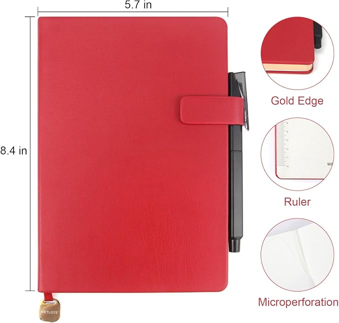 Hardcover Leather Journal Notebook A5 Lined 212 Pages 5x8.25 Inches Gold Edged Pages with Strap Closure Travel Work School Writing Journaling Notebooks for Women Men Gift Box Packaging Red