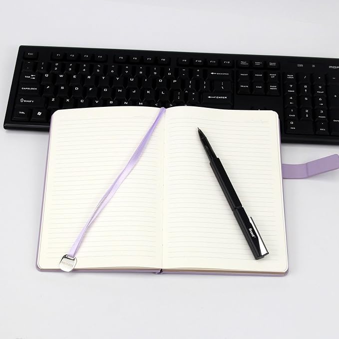 A5 Soft Cover Lined Notebook, Pen Holder & Gold Edges, 180° Lay Flat Journal, Large 5.7 x 8.4 in, Bookmark & Gift Box, Business Notebook for Work, Study, Travel(Light Purple)