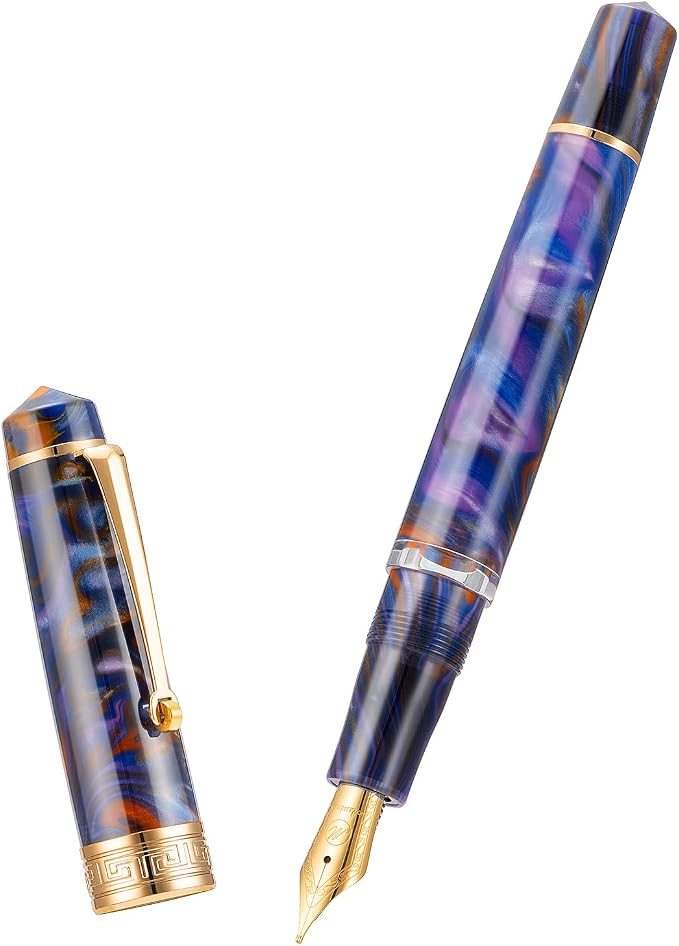 Asvine P20 Piston Fountain Pen Purple Resin, Iridium Extra Fine Nib Gold Trim Business Signature, Smooth Writer Collection with Case Set