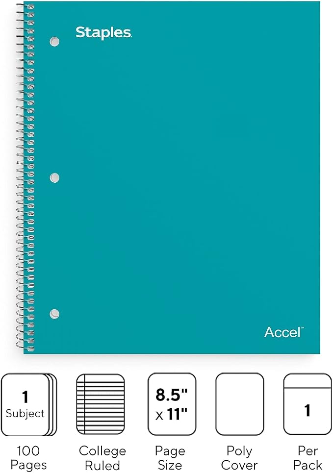 STAPLES Accel 1‑Subject Notebook, 8.5” x 11”, College Ruled, 100 Sheets, Teal, 3‑Pack