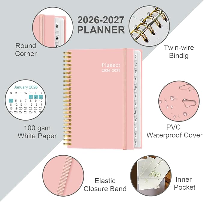 2026-2027 Planner - Planner 2026-2027 from July 2026 - June 2027, Weekly & Monthly Planner Spiral Bound with 12 Monthly Tabs, Inner Pocket, 6.4" x 8.5", Pink-E