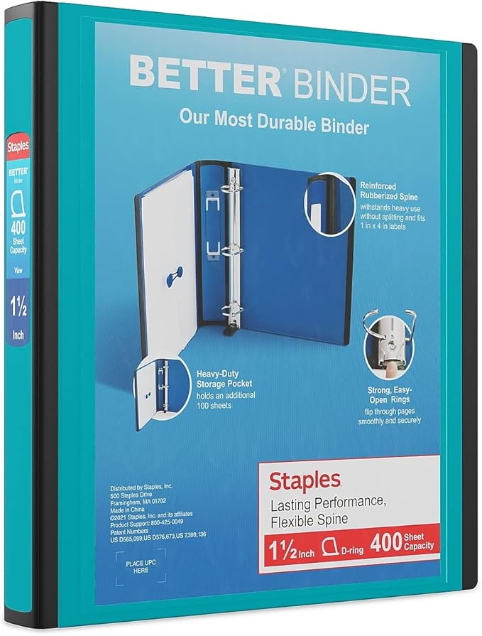 Staples Better Binder 1.5-Inch D-Ring View Binder, Reinforced Spine, Holds Up to 350 Sheets, Teal, for Office & School
