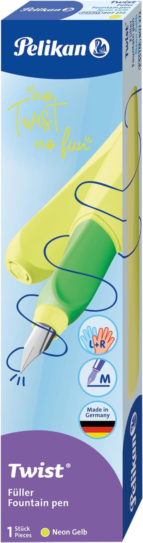 Pelikan Twist Fountain Pen with 1 Ink Cartridge, Medium Nib, Neon Yellow, Boxed (807272)