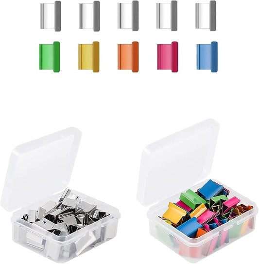 Office Supplies - 100pcs Reusable Metal Paper Clips, Portable Dispenser (50 Colorful + 50 Silver), 2 Small Storage Bins
