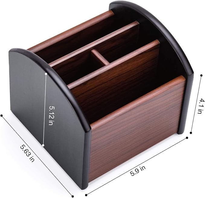 MaxGear Remote Control Holder Caddy, Wooden Desk Organizer, 4 Compartments | 360° Rotating Wooden Caddy; 4 Compartments for Remotes & Desk Supplies; Anti-Slip Base