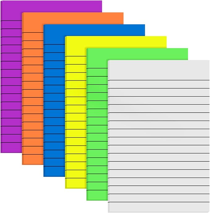 Yinder 6 Pack Colored Transparent Sticky Notes Translucent Clear Lined Self Sticky Notes, Back to School Gift Bible Tab for Planners, School Supplies Office, 30 Sheets/Pack, 4 x 6'' (Bright Color)