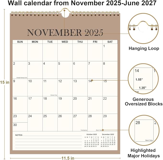Calendar 2026-2027 - 18 Months Wall Calendar from July 2026 - June 2027, Vertical Calendar, 12" x 14.5", Beige