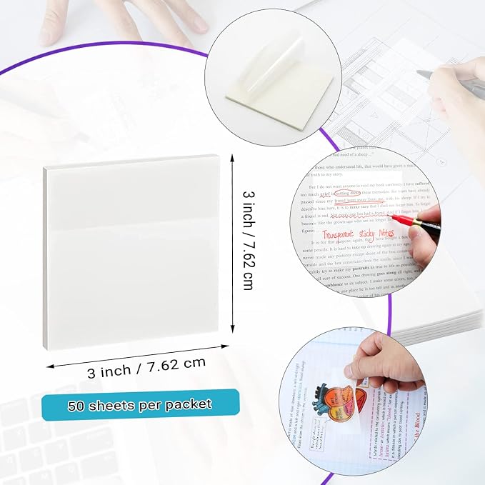 Transparent Sticky Notes - 3x3 inch Clear Sticky Notes Waterproof Self-Adhesive Translucent Sticky Note Pads for Books Annotation, See Through Sticky Note (200 Sheets)
