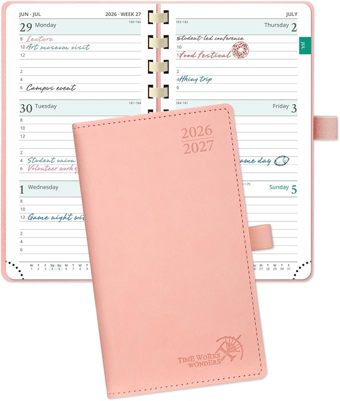 POPRUN Pocket Planner 2026-2027, Small 3.5''x6.5'' Academic Pocket Calendar | Weekly Planner, Purse Calendar Book(July 2026 - June 2027) with Hourly Time Slots, Spiral Soft Cover - Pink