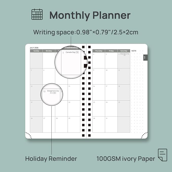 POPRUN Pocket Calendar 2026-2027,6.5" x 3.5" Pocket Planner | Jul 2026-Jan 2027 Small Planner for Purse,Inner-Pocket Weekly Planners with Hardcover, Tabs, Ruler, Pen Loop- Pacific Green