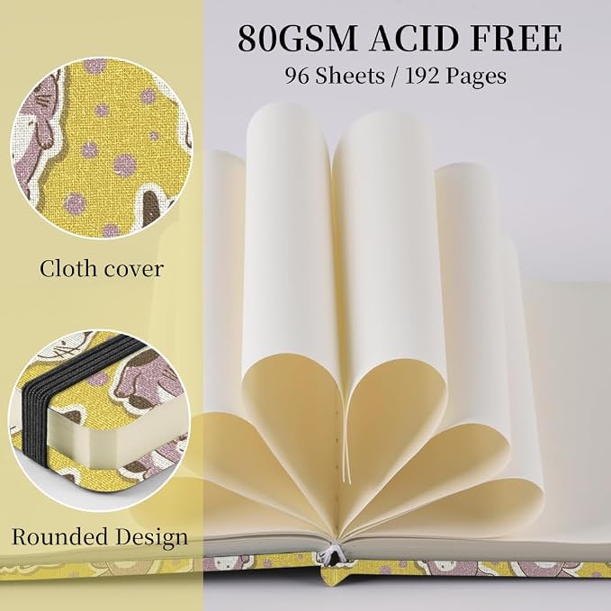 4.8" Square Pocket Sketch Book,Hardcover Art Sketchbook for Drawing Journal | Cloth Cover,80gsm Blank Paper,96Sheets,Lay-Flat,Portable Travel Creation Paint Diary Memo Planner,Dry Media.Yellow Cat