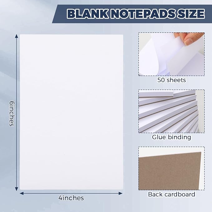 Thboxes 10 Pack 4" x 6" Blank Note Pads, 50 Sheets Each | 80gsm FSC Paper, Top Glue Binding, Cardboard Backing, Compact Memo Pads for Office, School, Home, Server Use