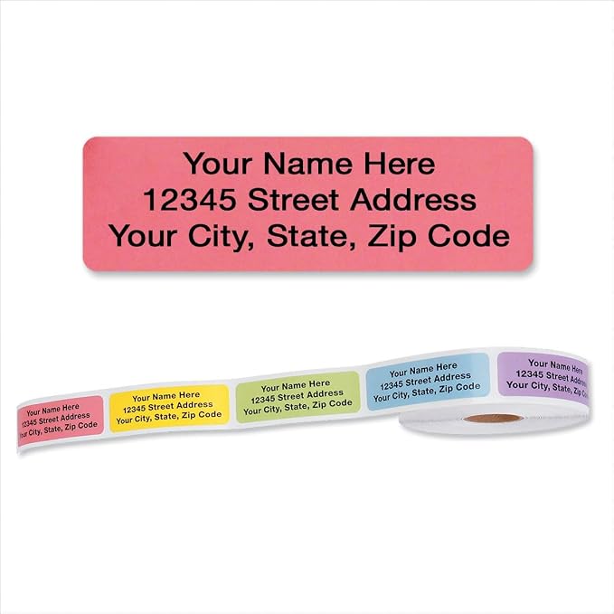 Colorful Images Pastel Multicolor Rolled Return Address Mailing Labels with Dispenser, Customize with Name & Shipping Address, 500 Self Adhesive, Easy Peel Sticker Label Roll, 3/4" x 2 1/2"