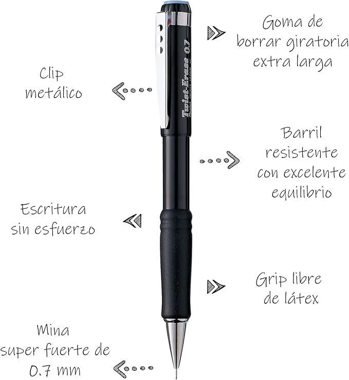 Pentel Twist-Erase III Mechanical Pencil, (0.7mm), Black Barrel, 12 Pack (QE517A)